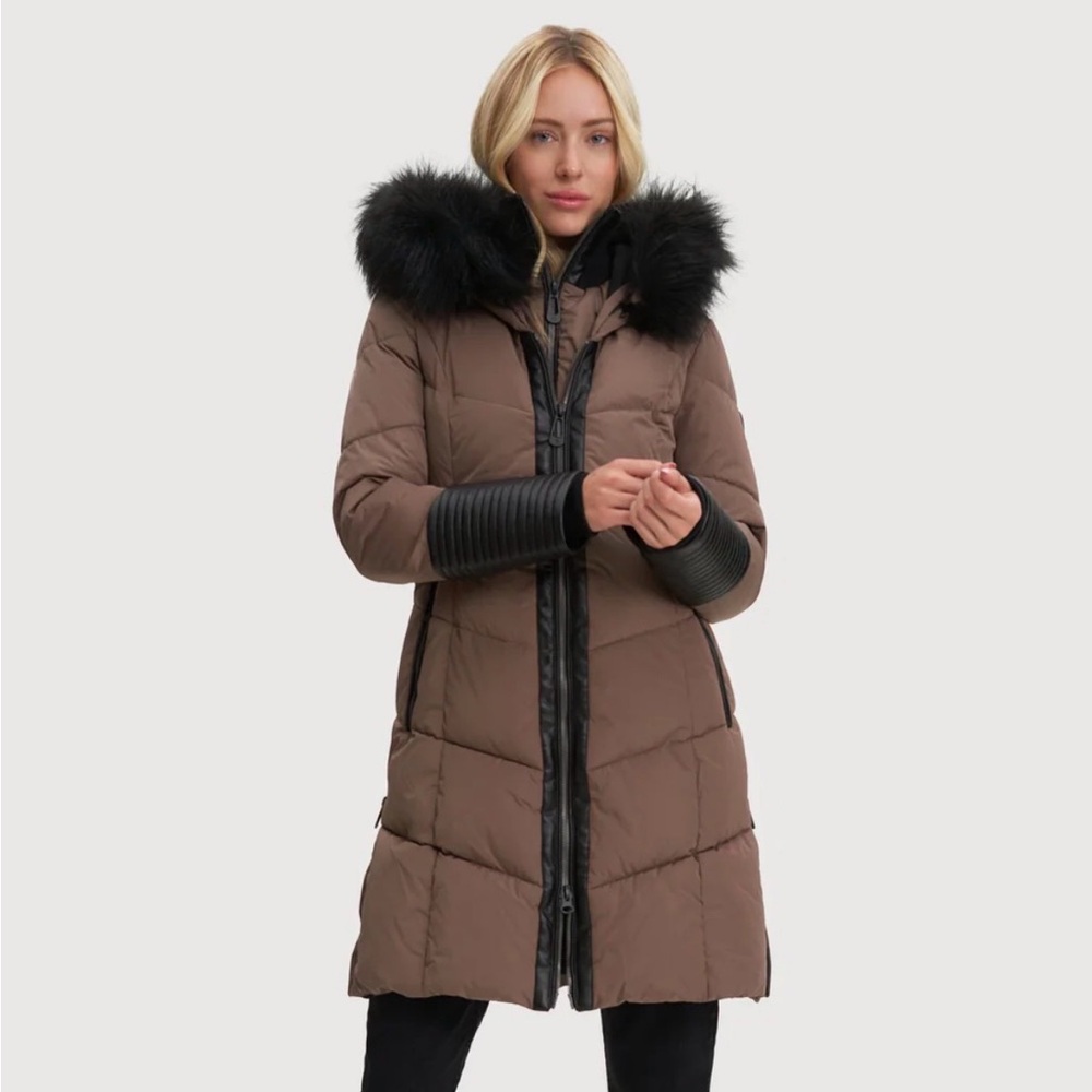 Noize Brown Puffer Jacket with Black Faux Fur Hood
